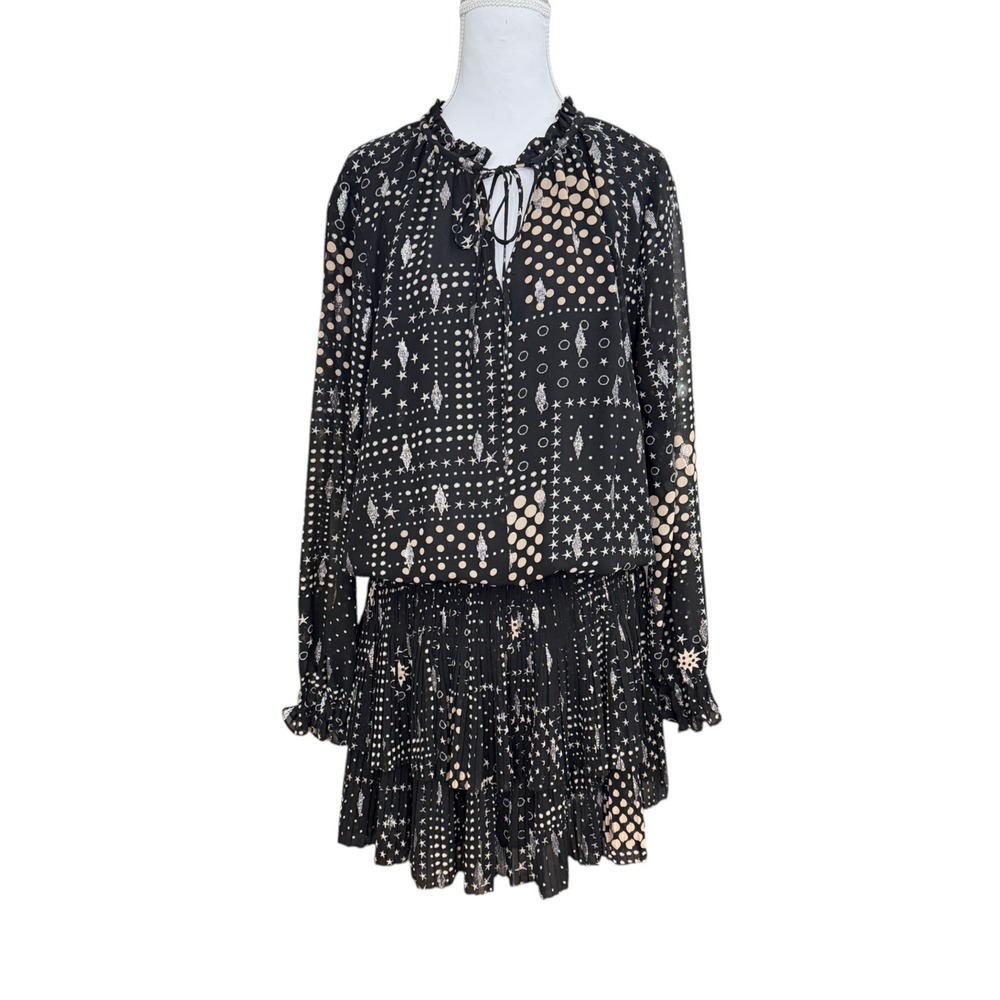 Current Air Celestial Star Print Smocked Mini Dress L Black Whimsigoth Tiered